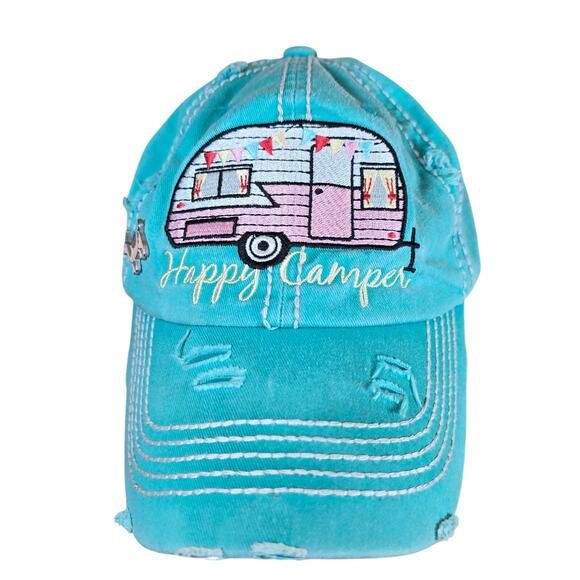 Kbethos vintage Accessories - Happy Camper Slideback Hat Greenish-Blue One Size Adjustable Distressed Dog Pin
